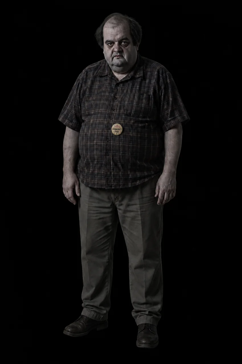 Full-length character portrait of Eddie Baxtor